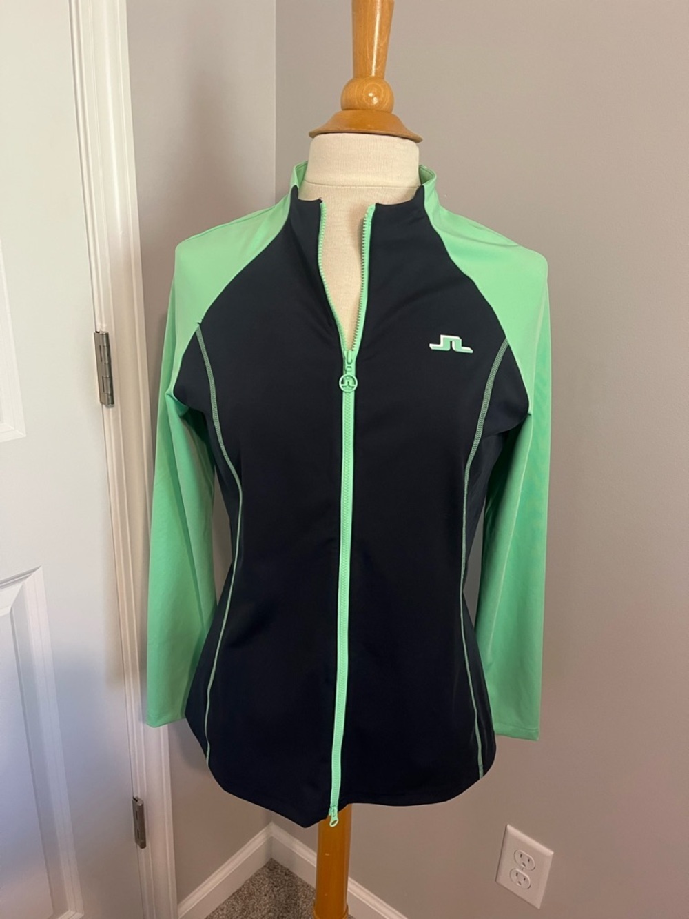 J.Lindeberg Navy Blue & Green Full Zip-Front Golf Mid Layer Jacket Sz M